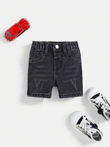SHEIN Bebeluși băieți de vară învechit ocazional rupt înaltă stretch, skinny negru, pantaloni scurți din denim, haine de vară pentru bebeluși ținute de zi cu zi și ținute de vacanță - Negru - Vizualizare 1