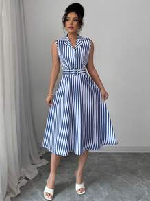 Elenzga 女式夏季无袖条纹连衣裙 - 藏蓝色 - 查看 6
