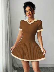 Elenzga Black & White Contrast V-Neck Casual Pleated Sweater Dress - Coffee Brown - View 5