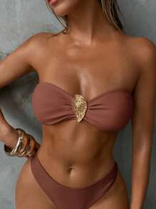 Aloruh Top de bikini bandeau sans bretelles et sans dos, de couleur unie élégante et sexy, style minimaliste vintage, décoré de fleurs métalliques kaki, pour femmes - Tabac - Voir 3
