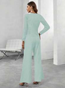 SHEIN Clasi Tailleur donna composto da top a scollo a V e maniche lunghe, di un unico colido, con pantaloni abbinati
