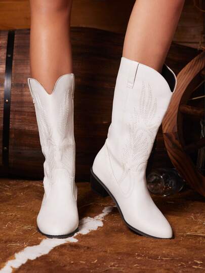Goth Women Embroidered White Mid-Calf Cowboy Boots Spring Shoes