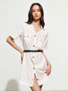 SHEIN Unity 女式牛仔效果缝线短袖迷你连衣裙 - 白色 - 查看 3
