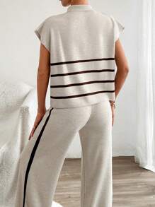 EURMUSE Stripe Polo Neck Sweater Co-Ords - Beige - View 3
