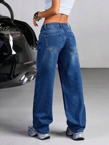 EURMUSE 低腰水洗细节宽松直筒牛仔裤 - 中等水洗藍 - 查看 3