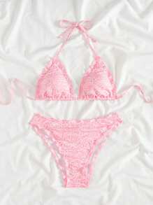 SHEIN Swim Ensemble de bikini pour femmes avec encolure ras-du-cou, bretelles spaghetti, imprimé à carreaux et floral texturé, dos nu. Convient pour les vacances à la plage, le printemps et l'été. - Rose bonbon - Voir 5