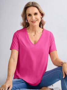 EMERY ROSE Camiseta básica de manga curta para mulheres, uso casual diário, primavera/verão - Rosa Quente - Ver 7
