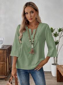 EMERY ROSE Women's Solid Color Contrast Lace 3/4 Sleeve Casual Shirt - Mint Green - View 7