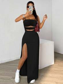 Selianne Women's Solid Color Mid-Length Dress, Slip Dress, Hollow Out, Minimalist, Fashionable, Suitable For Summer