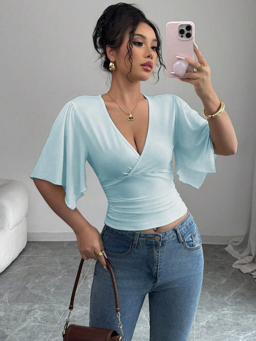 Elenzga 女士休闲度假褶皱不对称短袖短款上衣 - 藍色 - 查看 1