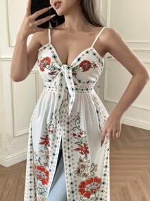 DAZY Áo kiểu nữ in hoa, thắt nơ phía trước, thích hợp cho kỳ nghỉ hè, đi biển, phong cách boho, đi chơi. - trắng - Xem 1