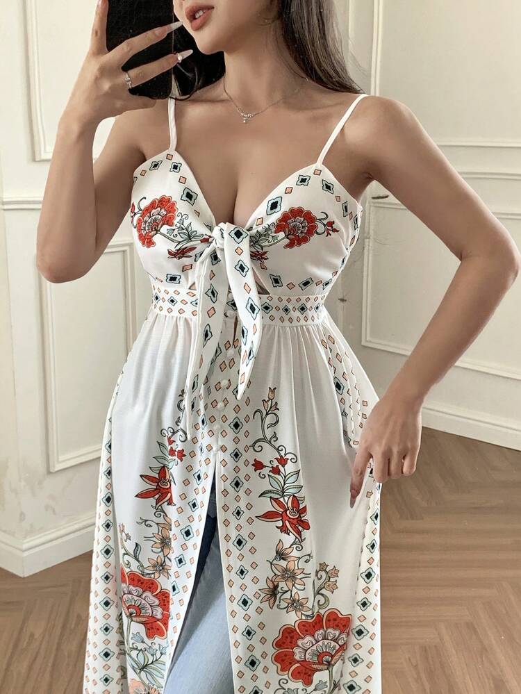 Women's Floral Print Bow Knot Front Tops, Suitable For Summer Vacation Beachwear,Boho Tops Going Out Tops