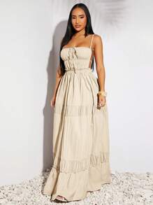 SHEIN SXY Vestido largo elegante con diseño de halter con pliegues y corte en A, de estilo occidental, de tela de lino sintética de color gris topo, para mujer, ideal para primavera, verano, vacaciones, boda, Día de San Valentín