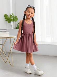 SHEIN Young Girl Casual Solid Color Knitted Sleeveless Dress For Spring/Summer Wear