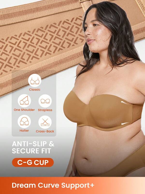 LUVLETTE Lencería de talla grande sin tirantes sin costuras con aros push-up, lencería como prenda exterior, sujetador básico de media copa