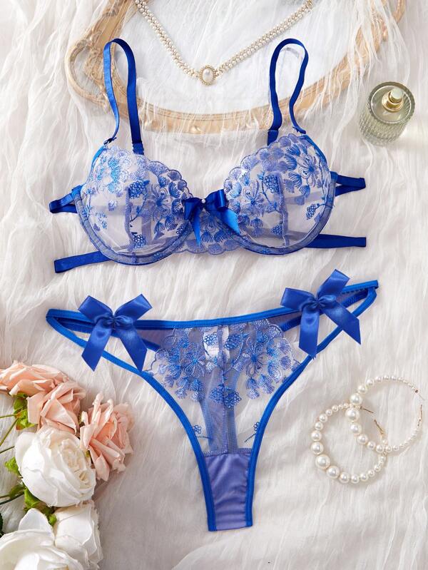 Set de lenjerie sexy fără spate din plasă brodat floral 2 buc
