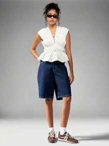 MISSGUIDED Thanh lịch Ruched Peplum Không tay Hàng đầu Mùa hè Mùa xuân Thắt lưng Áo bông phía trước Đa năng Công sở Trang phục giản dị Thu thập Eo Chuyên nghiệp - trắng - Xem 5