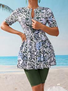 SHEIN Swim Mulvari Women's Plant Print Short Sleeve Shorts Casual Burkini Swimsuit Set For Vacation - Multicolor - View 4