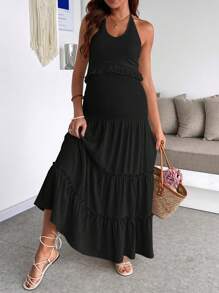 SHEIN 孕妇流苏沙滩罩衫两件套 - 黑色 - 查看 6