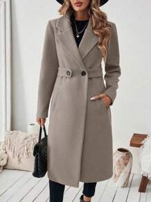 Vionelle Plus Size Women Autumn/Winter Classic Casual Minimalist Turndown Collar Cinched Waist Button Decor Pocket Woolen Mid-Length Coat Fall Cloth For Women