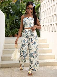 SHEIN Teen Girl Tropical Plant Print Everyday Vacation Camisole And Pants Set For Summer