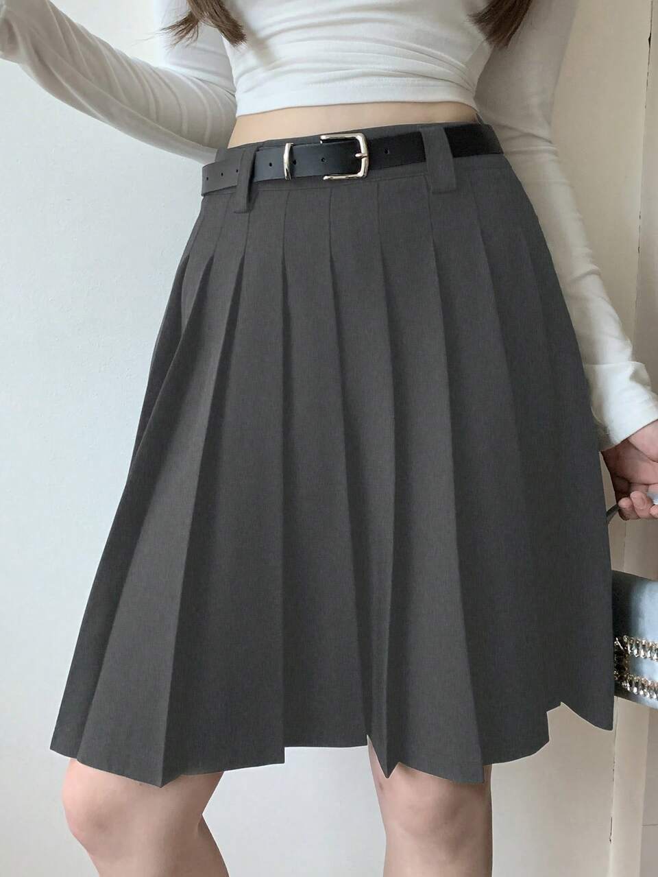 Women's Casual Versatile Light Grey Solid Color Pleated Mid-Length Skirt For School Back-To-School Winter Summer Clothing Set Style Skirts