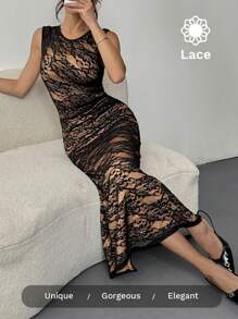 SHEIN Essnce Robe d'été décontractée pour le bureau - Robe midi moulante à bordure en dentelle et doublure modeste pour femmes. Tenues de travail casual chic 2025, élégance de resort inspirée du Y2K et détails boho chic