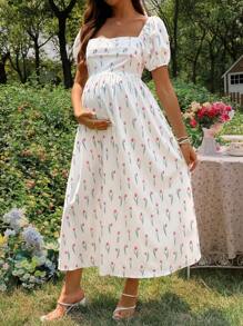 SHEIN 夏季优雅郁金香花卉印花长款孕妇装 - 米色 - 查看 5