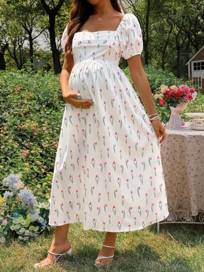 SHEIN 夏季优雅郁金香花卉印花长款孕妇装