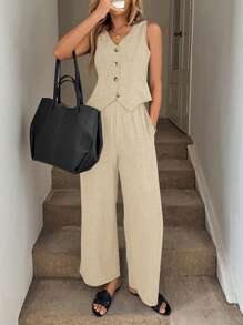 Easowa 2pcs Women Spring/Summer Blue Vest Waistcoat And Pants With Pockets Set  Women S Sets Business Casual Woman Office Outfits For Women Work Clothes Women Old Money Style Women - Apricot - View 6