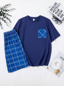 SHEIN Leap Crew Teen Boys Simple Plaid Print Pockets Round Neck Short Sleeve Shorts Loose Casual Knit Pajama Set, 2 Pieces - Blue - View 3