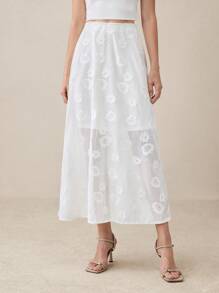 BizChic Novo Festival de Música de Verão 2025, Adequado para Convidados de Casamento, Brunch, Estilo Urbano Chique, Casual Romântico Versátil, Elegante Diário de Trabalho, Temporada de Casamento, Festival de Música, Formatura, Saia Longa Bordada Jacquard Floral Branca Transparente - Branco - Visão 6