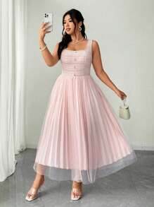 Celure Vestito lungo elegante da donna con maschera senza maniche, in vita alta, decorato con bottoni in perla, in contrasto con rete, misure forti