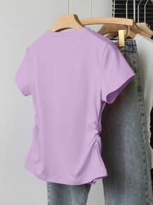 Tween Girls Casual Multi-Purpose Simple Bow Decor Print Short Sleeve T-Shirt - Mauve Purple - View 2