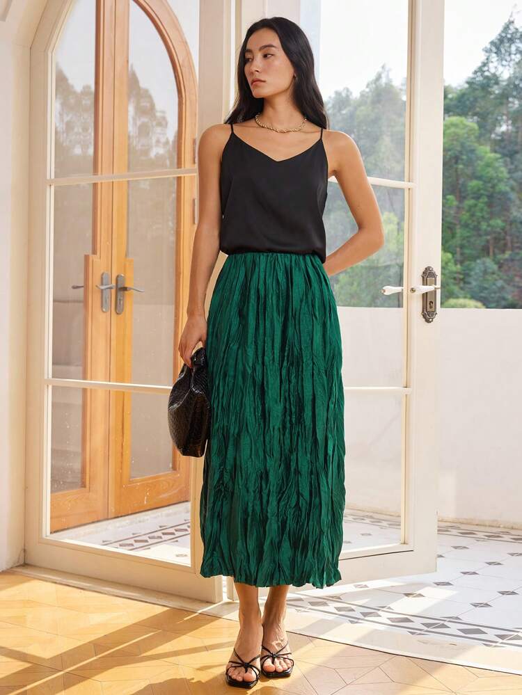 Loose Business Casual Vacation Elegant Textured Chiffon Satin Plisse Skirt For Women