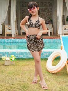 SHEIN 女童三件套比基尼套装，豹纹针织泳装和罩衫裙，时尚优雅休闲，适合游泳、度假、夏季年轻女孩夏季服装年轻女孩套装泳衣套装儿童两件套泳衣儿童泳衣套装儿童游泳、儿童沙滩装 - 彩色 - 查看 8