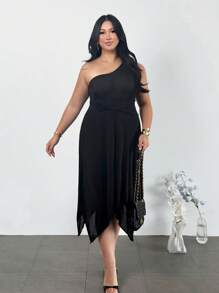 Firerie Plus Size Women Casual Elegant Holiday Beach Date Casual Twisted One Shoulder Sleeveless Asymmetrical Hem Bodycon Dress, Spring/Summer - Black - View 10