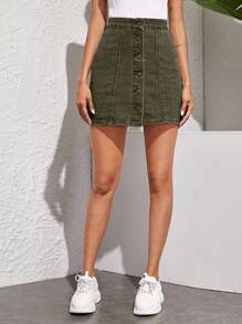 SHEIN Essnce Women's Casual Army Green Denim Mini Skirt With Button Front Detail - Army Green - View 5