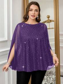 SHEIN Clasi Plus Size Women's Rhinestone Embellished Batwing Loose Elegant Blouse - Purple - View 6