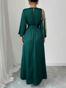 Chiquease Vestido largo de satén suelto con mangas largas, talle ajustado y aplicación floral, estilo árabe abaya, unicolor, elegante, para uso diario, Ramadán