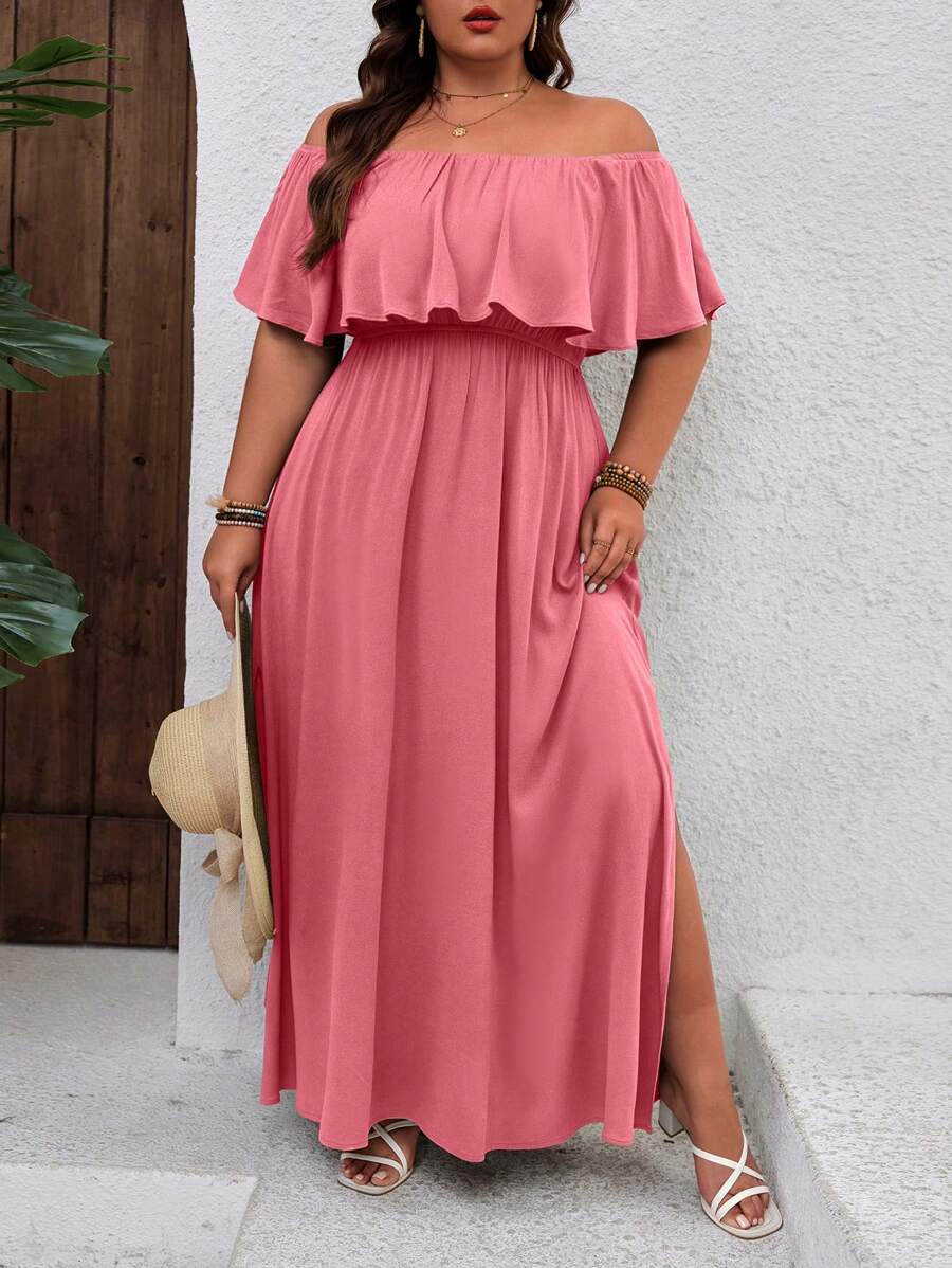 SHEIN VCAY Plus Size Vacation Ruffled Off Shoulder Dress - Coral Pink - View 1