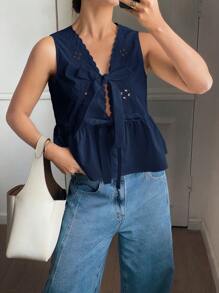 SHEIN Frenchy Top sin mangas con diseño de volantes bordados y calados de unicolor, adecuado para el verano - Azul Marino - Ver 7