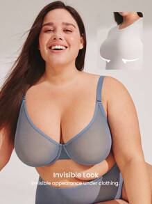 LUVLETTE Plus Fullcover Unlined Plunge Breathable Mesh Sheer Airy Basic Breezy Comfort Minimizer Bra - Dusty Blue - View 13