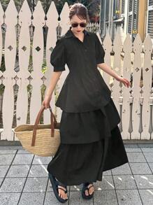 FRIFUL Women's Puffy Sleeve Waist Cinched Multi-Layered Midi Dress, Solid Color,Ruffle - Black - View 4