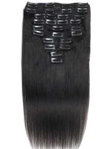 10Pcs Silk Straight Clip In Hair Extensions Natural Black Soft Hair Extension Clips Double Weft 100% Human Hair For Women HairPiece - Natural Black - View 2