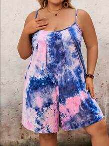 SHEIN CURVE+ Mono casual con pliegues y efecto tie-dye con tirantes de espagueti para mujer de talla grande para verano, Curve Plus, Hoho - Atuendos para vacaciones/playa para mujer, vestido de playa, atuendos para vacaciones en la playa, artículos esenciales de playa, vestido para graduación/té.