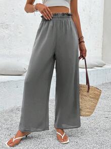 SHEIN LUNE Women's Solid Color Flared Wide Leg Casual Trousers With Waist Pocket - Grey - View 6