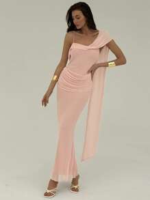 Aloruh Vestido feminino elegante cor sólida com decote assimétrico