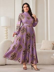Veilorie Plus Size Women Leopard Print Stand Collar Lantern Sleeve Pleated Hem Elegant Arabic Style Dress - Multicolor - View 4