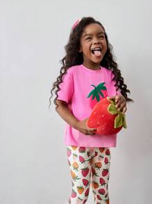 Maija Kids Maija Kids 2pcs/Set Girls Strawberry Pattern Ruffle Trim Loose Casual Round Neck Short Sleeve Top And Pants Set - Pink - View 6